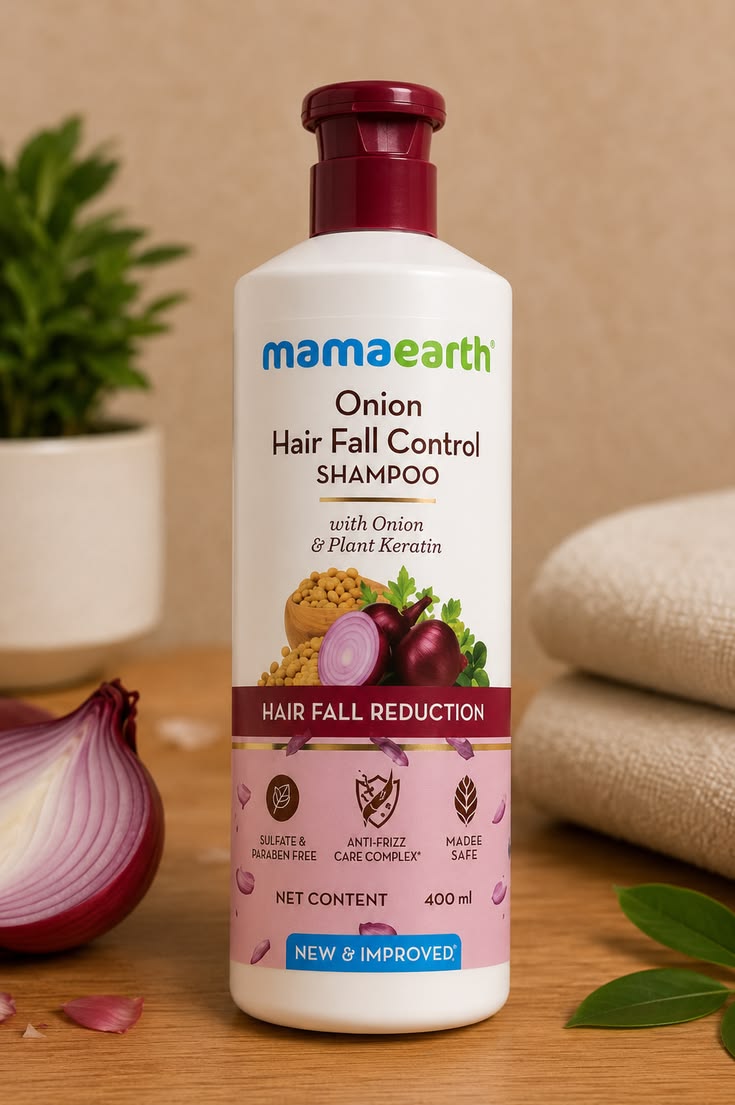 Mamaearth Onion Hair Fall Control Shampoo bottle beside a halved red onion and folded towels