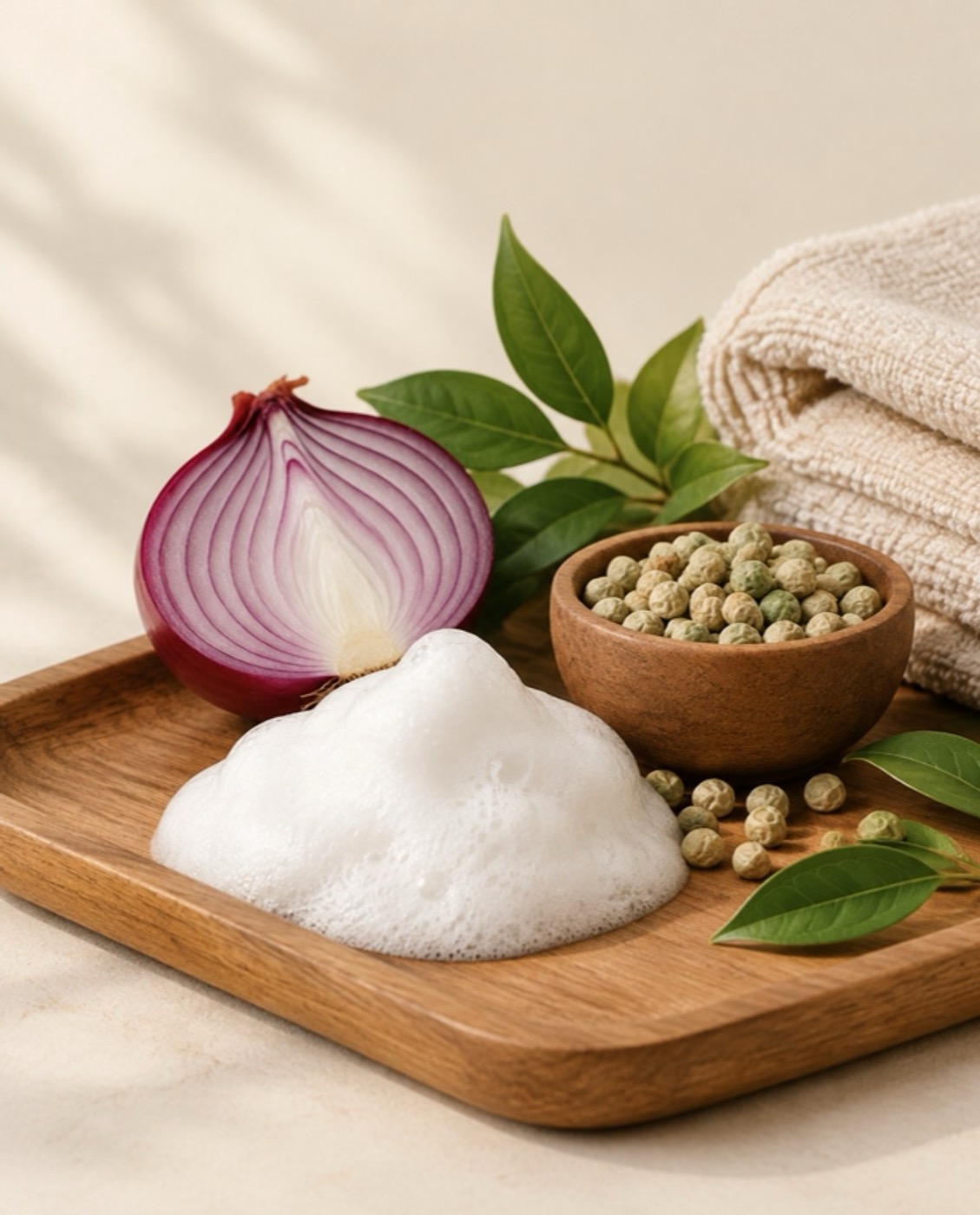 Shampoo foam on a wooden tray beside a halved red onion, a bowl of peas and a towel