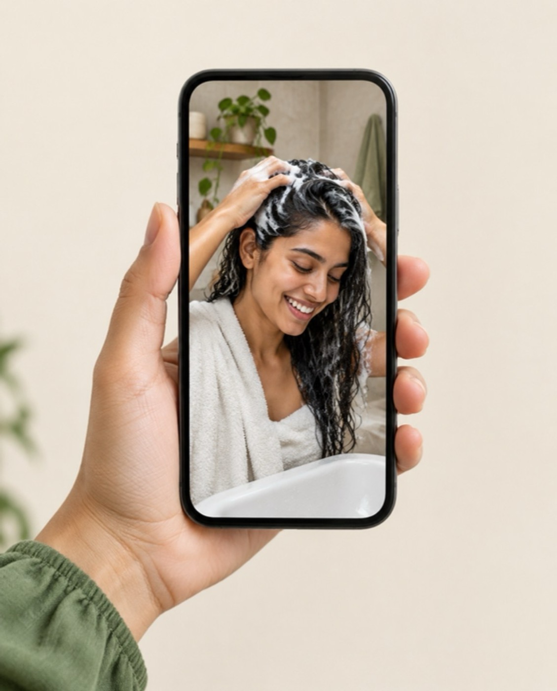 A phone showing a creator lathering shampoo through her hair