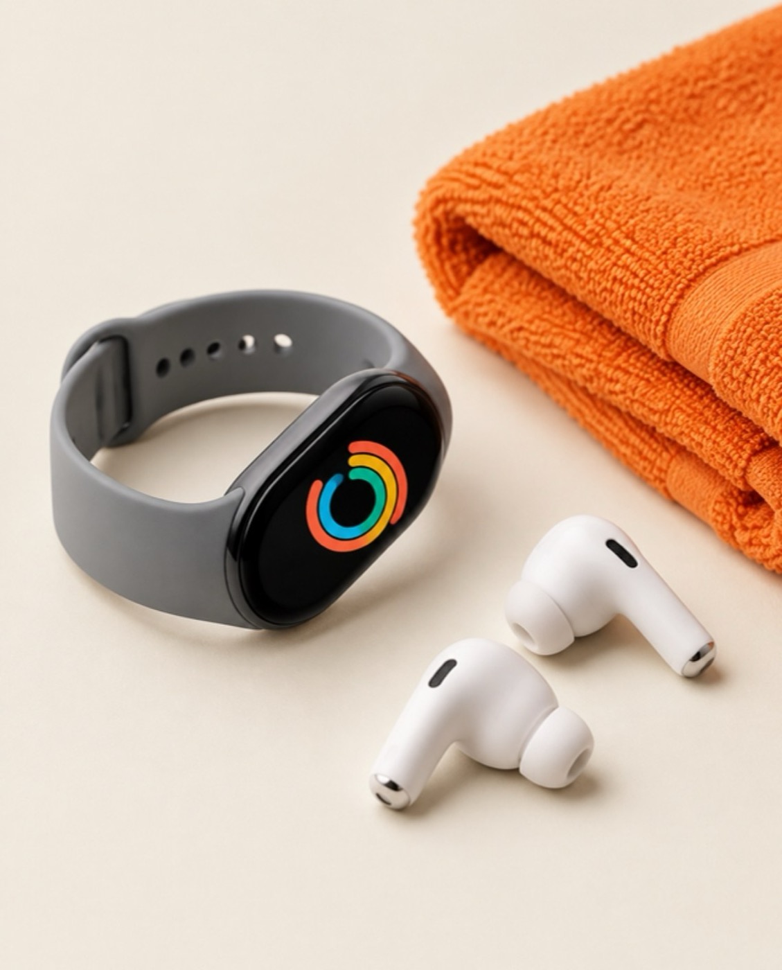 Fitness band, wireless earbuds and an orange sports towel