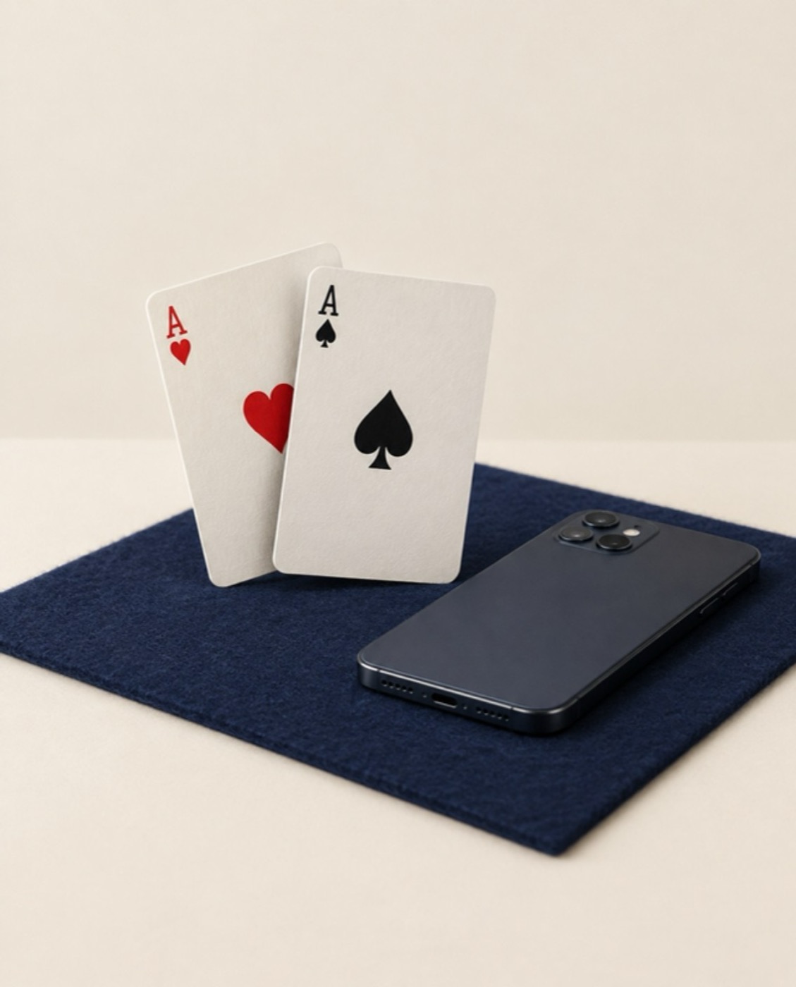 Ace of hearts and ace of spades on navy felt beside a smartphone
