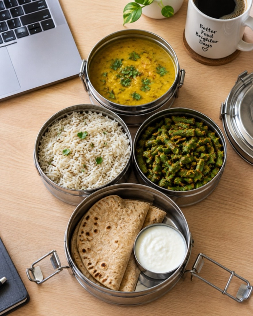 Open steel tiffin with dal, rice, sabzi and roti on an office desk