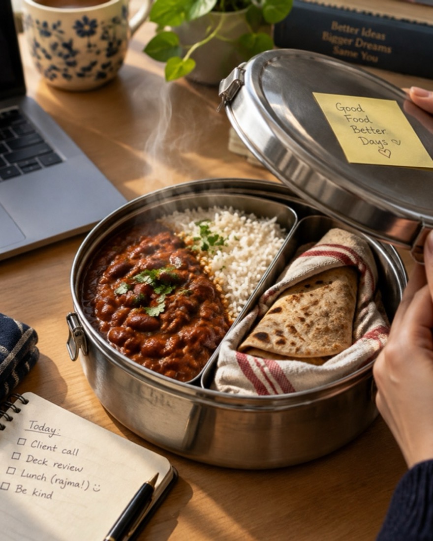 Steel tiffin opened at a desk with rajma chawal and roti