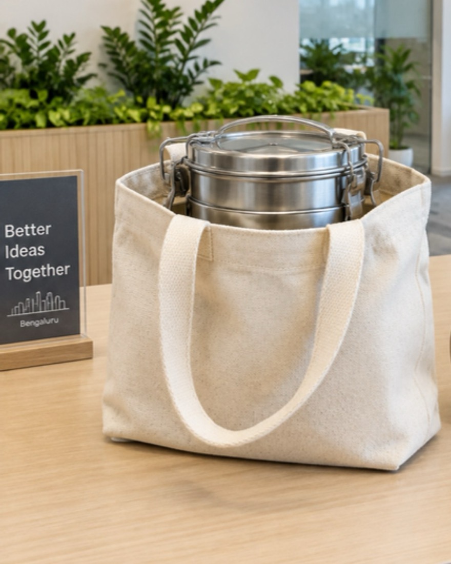 Steel tiffin in a canvas tote at an office reception