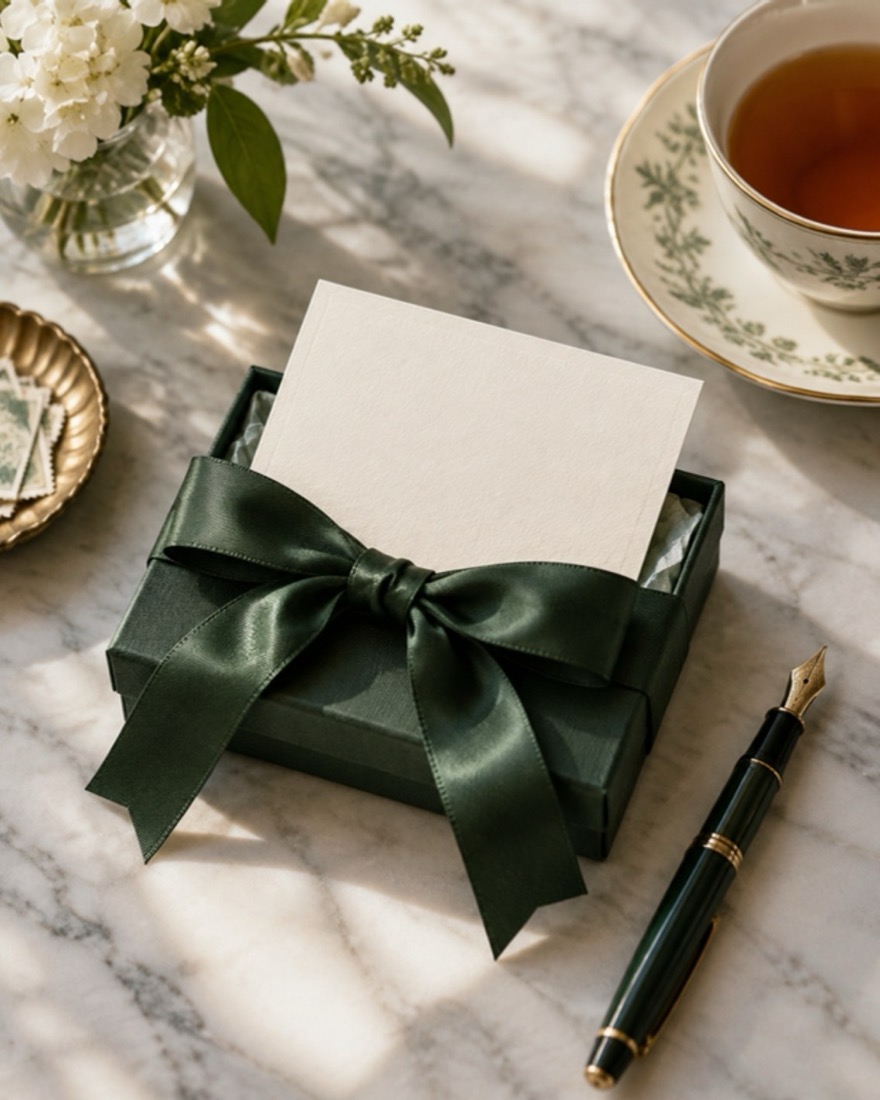 A cream card in a dark green ribbon box beside a fountain pen and tea