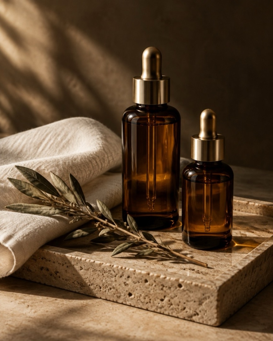 Amber serum bottles on a travertine tray