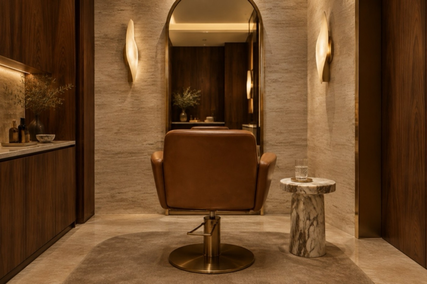 A private salon suite with a cognac leather chair, arched brass mirror and travertine walls