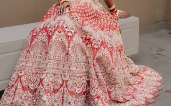 Detail of a red and ivory embroidered bridal lehenga, from Wedding Lensation's work